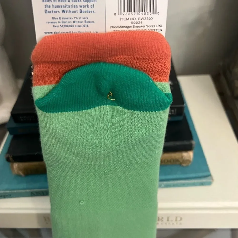 Blue Q Plant Manager Socks - Green and Orange women’s sneaker socks. Size L-XL